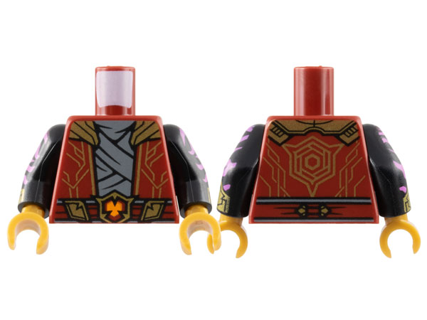 Lego Torso Robe with Gold Collar and Circuitry over Dark Bluish Gray Tunic Pattern / Black Arms with Dark Pink Animal Stripes and Gold Armor Cuffs Pattern / Pearl Gold Hands