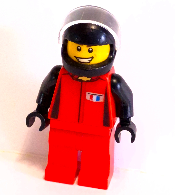 Lego Race Driver, Red Torso, Red Legs, Black Helmet, Chevrolet