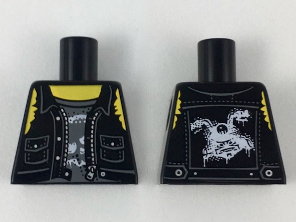 Lego Torso Tattered Vest Open with Pockets, Zipper, Buttons, and White Sons of Garmadon (SOG) Logo on Back over Dark Bluish Gray Tank Top with Skull, Yellow Neck and Shoulders Pattern