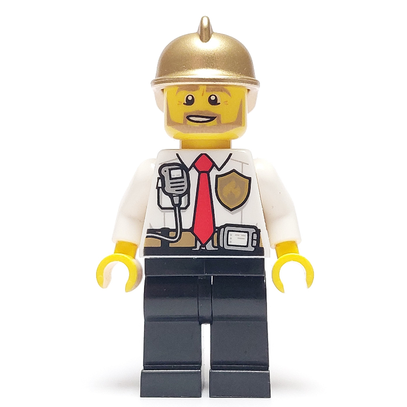 Lego Fireman, White Shirt with Red Tie, Badge, and Radio on Pocket, Gold Helmet, Beard