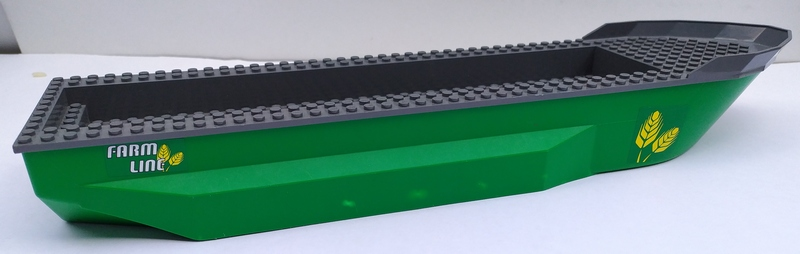 Lego Boat, Hull Unitary 51 x 12 x 6 with Side Bulges with Dark Bluish Gray Top with White 'FARM LINE' and Yellow Wheat Spikes Pattern on Both Sides (Stickers) - Set 4645