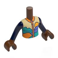 Lego Minidoll Torso Boy with Reddish Brown Arms and Hands with Tan Jacket, Blue Viole/Dark Turquoise MOuntains, Yellow Sub, Orange Zipper, Dark Blue Sleeves print / Reddish Brown
