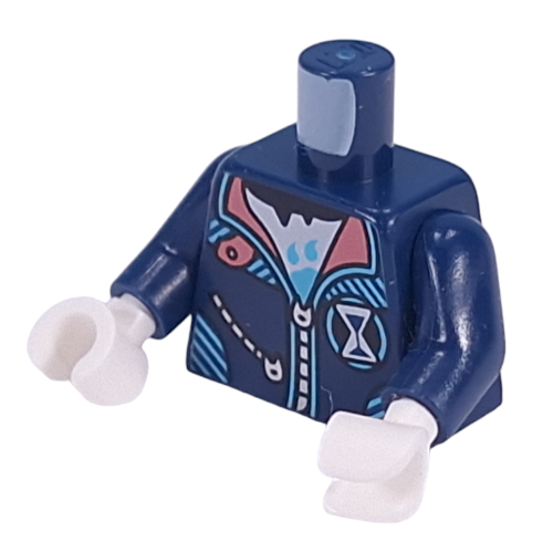 Lego Torso, Jacket, Silver Zipper, Coral Collar, Medium Azure Trim, White Shirt, Hourglass Symbol print, Dark Blue Arms, White Hands / Dark Blue