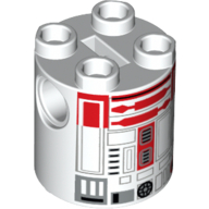 Lego Brick Round 2 x 2 x 2 Robot Body, Axle Holder '+' Orientation with Red Astromech Droid Print (R4-P22) / White
