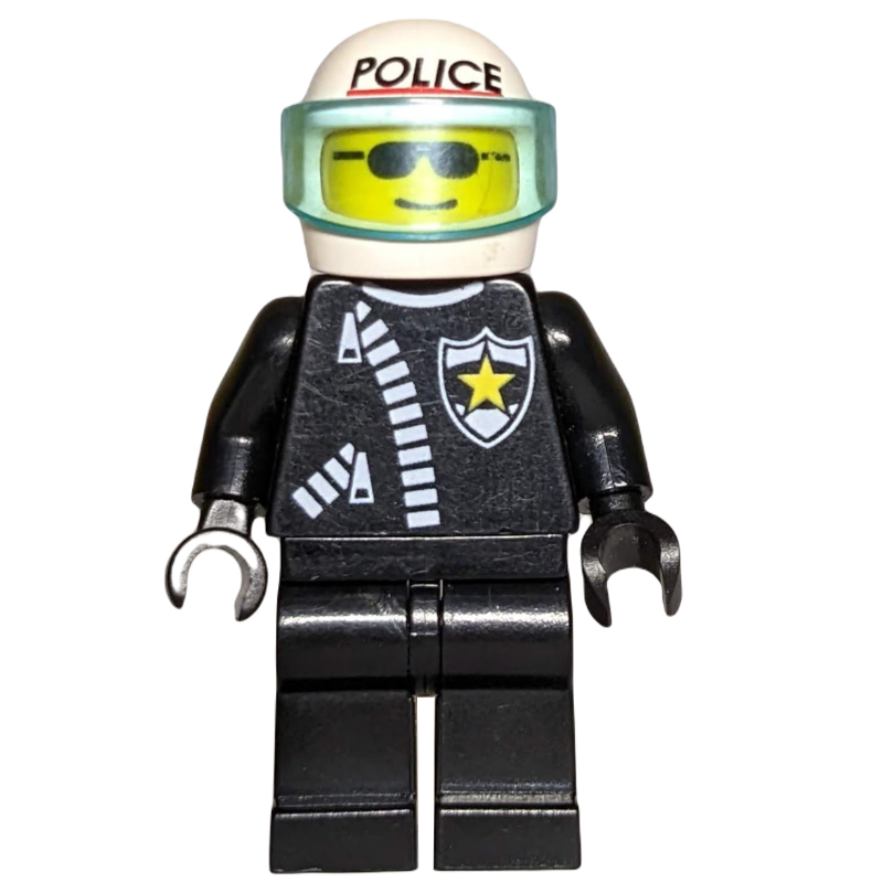 Lego Policeman, Black Jacket with Zipper and Badge, White Helmet with Visor, Sunglasses