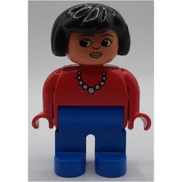 Duplo Figure, Early, Hair Bob Black, Blue Legs, White Bead Necklace Print / Red