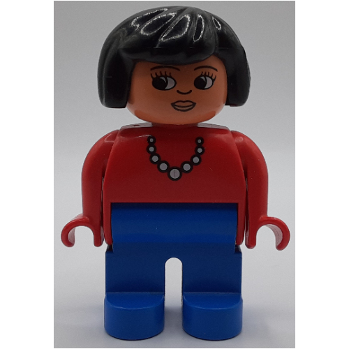 Lego Duplo Figure, Early, Hair Bob Black, Blue Legs, White Bead Necklace Print / Red