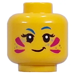 Minifig Head Izzie, Magenta Face Paint, Silver Sparkles, Blue Eyebrows, Smirk/Open Mouth Smile / Yellow