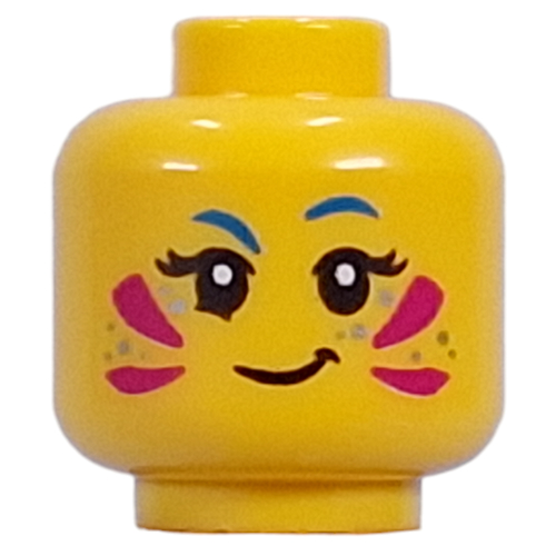 Lego Minifig Head Izzie, Magenta Face Paint, Silver Sparkles, Blue Eyebrows, Smirk/Open Mouth Smile / Yellow