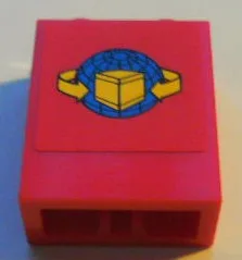 Brick 1 x 2 x 2 with Inside Axle Holder with Box and Arrows and Globe on Red Background Pattern (Sticker) - Set 7939