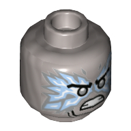 Lego Minifig Head Zane, Silver Eyes, Angry, Teeth, Bright Light Blue/White Flames / Flat Silver