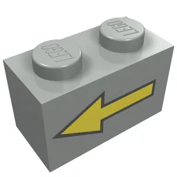 Brick 1 x 2 with Yellow Left Arrow with Black Border Print / Light Gray