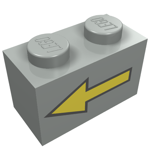 Lego Brick 1 x 2 with Yellow Left Arrow with Black Border Print / Light Gray