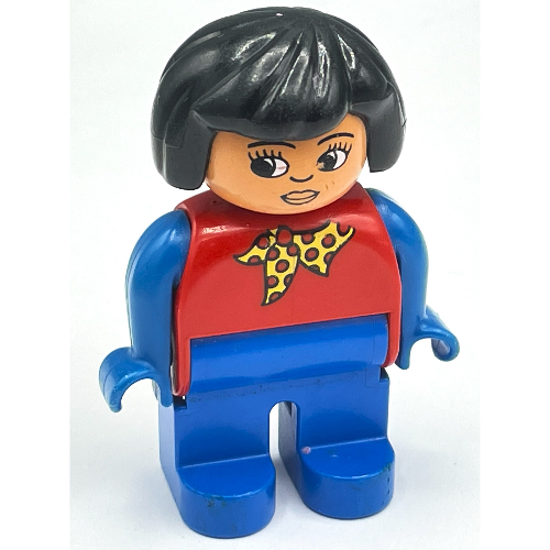 Lego Duplo Figure, Early, Hair Bob Black, Blue Legs, Yellow Neckerchief with Red Dots Print / Red
