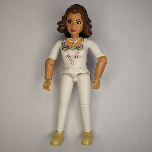 Lego Belville Figure Articulated Elbows, Female, Brown Hair, White Top with Gold Lace Trim, White Pants, Gold Shoes (Bride) / Nougat