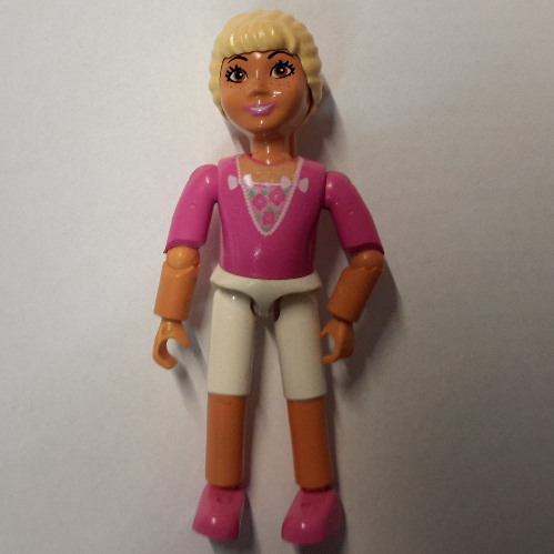 Lego Belville Figure Articulated Elbows, Child, Female, Light Yellow Hair, Dark Pink Shirt, V Neck with Roses Print / [No Color/Any Color]