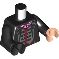 Lego Torso, Jacket, Silver Tunic, Dark Red Trim, Bright Pink Scarf print, Odd Hands, Black Arms, Left Light Nougat Hand, Right Black Hand / Black