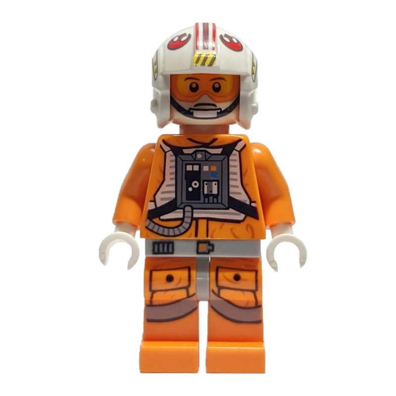 Lego Luke Skywalker, Orange Rebel Pilot Outfit, Light Bluish Gray Hips, White Hands,  Visor on One Side of Head