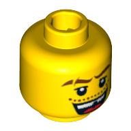 Lego Minifig Head Knight, Thick Brown Eyebrows with Scar, Open Mouth with Missing Tooth, White Pupils Print / Yellow