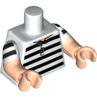 Lego Torso, Dual Molded Arms, Swimming Suit Black and White Stripes Print, White Sleeves Pattern, Light Nougat Arms and Hands / White