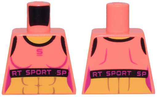 Lego Torso Female Crop Top, Black Trim, Magenta 'SPORT' over Yellow Bare Skin with Muscles Pattern