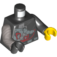 Lego Torso, Odd Arms and Hands, Cyborg Plates and Tubes Print, Left Black Arm and Yellow Hand, Right Flat Silver Arm and Black Hand / Black