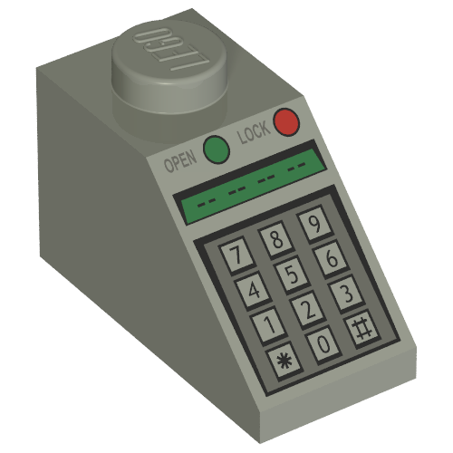 Lego Brick Sloped 45° 2 x 1 with Bottom pin, with Green and Red Buttons and Keypad Print / Light Gray