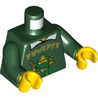 Torso Sweater, Green Ninja and Gold Asian Characters and White Shirt Collar Print, Dark Green Arms, Yellow Hands / Dark Green