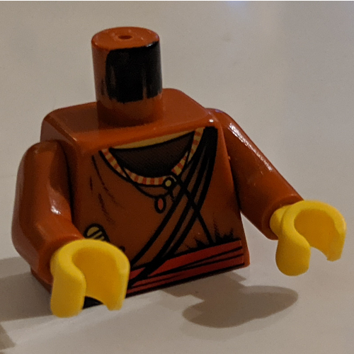 Lego Torso Robe with Striped Collar, Crossbelt, Sash, Knife Print, Dark Orange Arms, Yellow Hands / Dark Orange