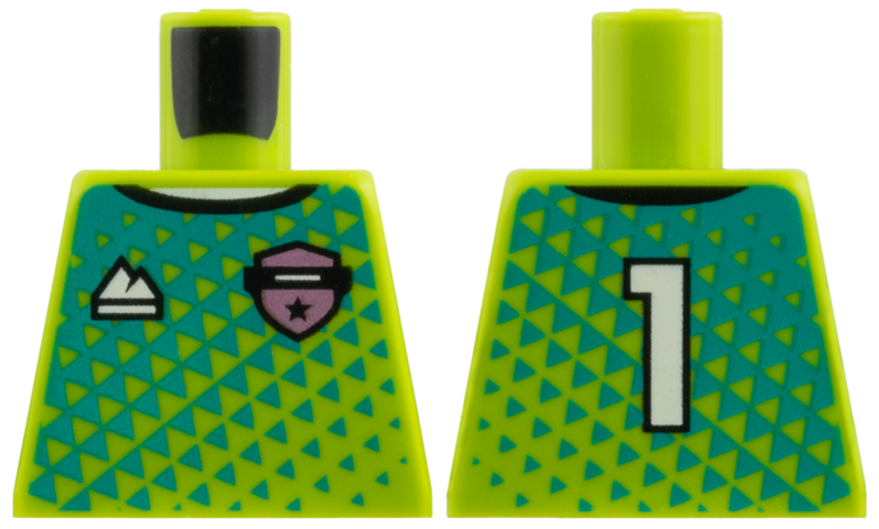 Lego Torso Jersey, Dark Turquoise Triangles, Metallic Pink Badge, White Sports Mountain Logo and 1 on Back Pattern