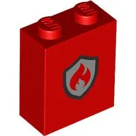 Brick 1 x 2 x 2 with Black/Silver Firefighter Badge Print / Red