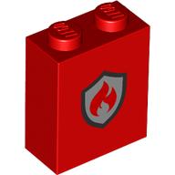 Lego Brick 1 x 2 x 2 with Inside Stud Holder with Black/Silver Firefighter Badge print / Red