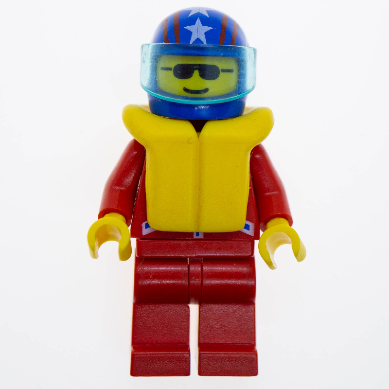 Lego Racer, Red Jacket with 2 Stars, Blue Helmet with Stars and Visor, Yellow Life Vest, Sunglasses