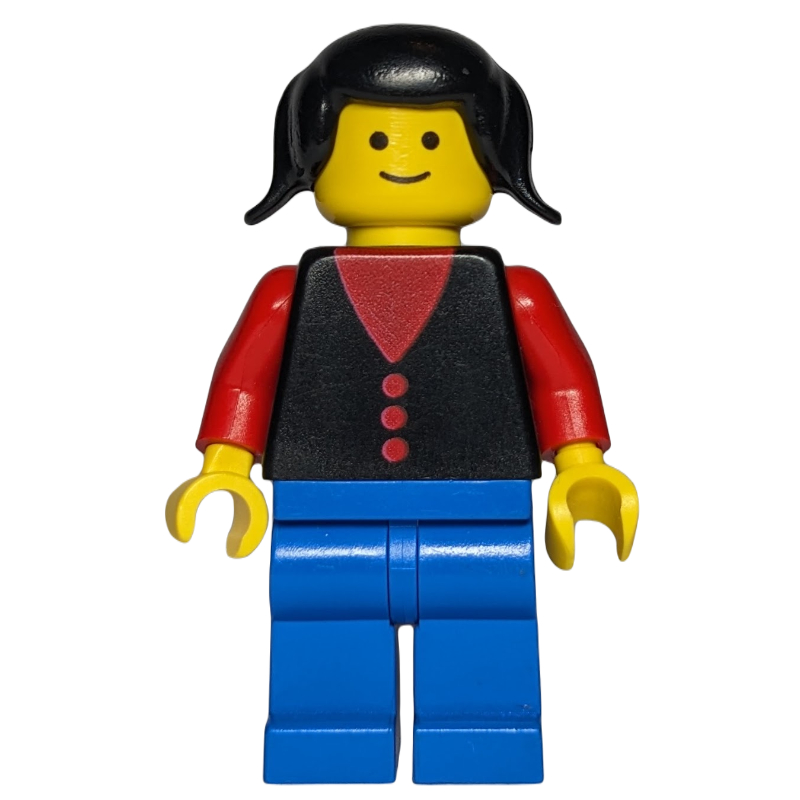 Lego Woman, Black Vest over Red Top, Blue Legs, Black Hair
