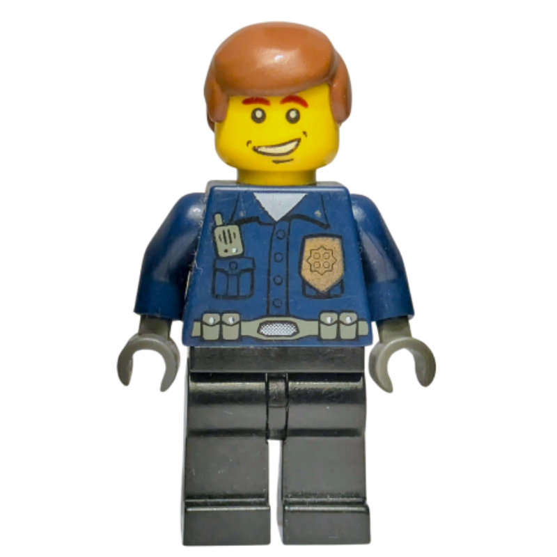 Lego Policeman, Dark Blue Shirt with Radio and Badge, Black Legs, Brown Hair