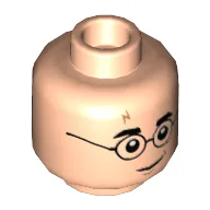 Minifig Head Harry Potter, Thin Glasses, Lightning Scar, Smirk / Angry Print / Light Nougat