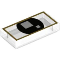 Tile 1 x 2 with Pearl Gold Square Line, Black Circle with 2 White Squares (Brickheadz Eyes) Print / Trans-Clear