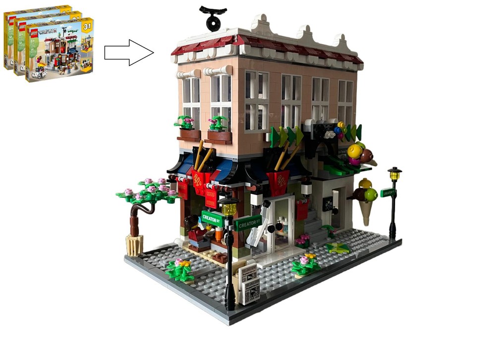 Lego Noodle Bar, Ice Cream Shop, & Arcade Modular Corner Alternate build (3x 31131)