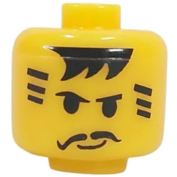Pen Bead, Round Large, Curved Edges / Cylinder with Minifig Head with Black Hair, Stripes, Moustache Print / Yellow