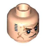 Minifig Head Dwalin the Dwarf, Dual Sided, Bushy Brown Eyebrows, Wrinkles, Stern / Dark Blue Tattoo Print [Hollow Stud] / Light Nougat