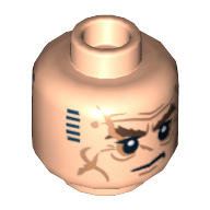 Lego Minifig Head Dwalin the Dwarf, Dual Sided, Bushy Brown Eyebrows, Wrinkles, Stern / Dark Blue Tattoo Print [Hollow Stud] / Light Nougat