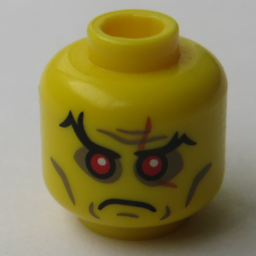 Lego Minifig Head Evil Wizard, Red Sunken Eyes, Eyebrows, Scar over Left Eye, Cheek Lines and Wrinkles Print / Yellow