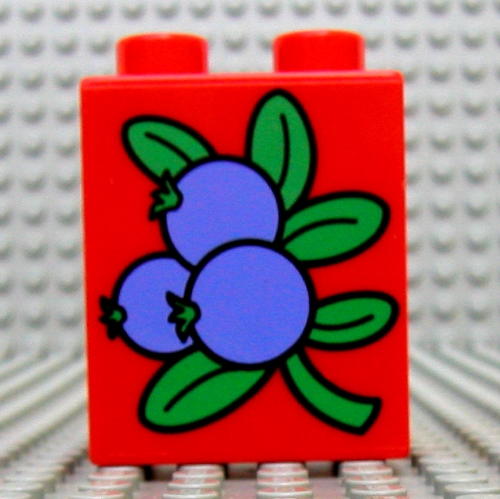 Lego Duplo Brick 1 x 2 x 2 with 3 Blueberries and Leaves Print / Red