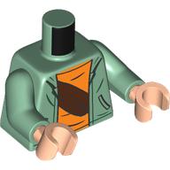 Lego Torso, Jacket, Orange Shirt, Reddish brown Strap/Pouch/Fanny Pack print, Sand Green Arms, Light Nougat Hands / Sand Green