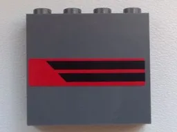Panel 1 x 4 x 3 with Side Supports - Hollow Studs with Two Black Horizontal Stripes on Red Background Pattern Model Right Side (Sticker) - Set 60008