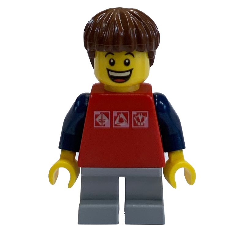 Lego Kid - Red Torso, Light BLuish Grey Legs, Reddish Brown Hair