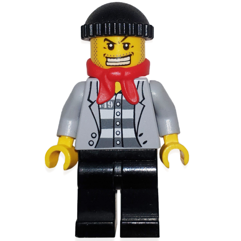 Lego Criminal, Open Light Bluish Gray Jacket over Prison Shirt, Black Hat, Red Scarf, Gold Tooth