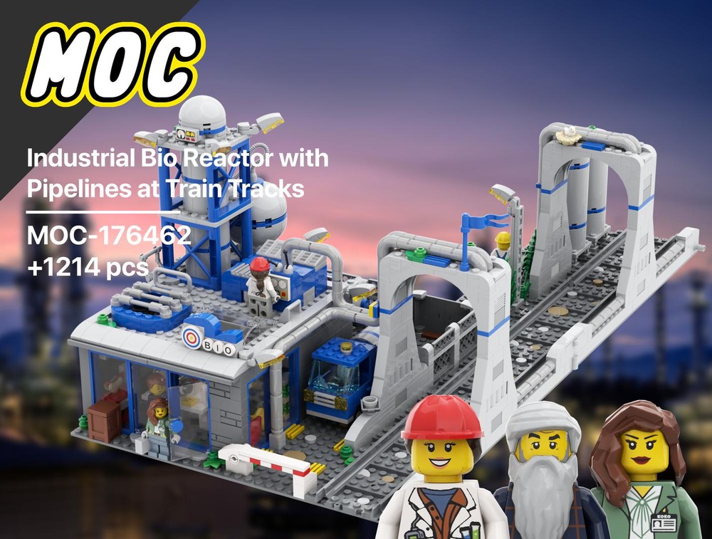 Lego Industrial Building Bio Reactor at Train Tracks | City | Trains | Chemical Factory Plant | Pipeline Bridge | 10027 inspired