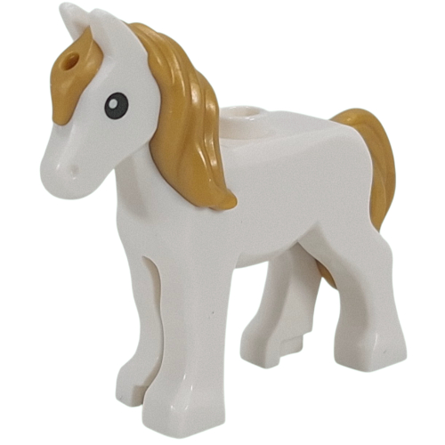 Lego Animal, Foal, Long Mane Pearl Gold with Black Eyes print / White