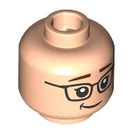 Minifig Head Margo, Reddish Brown Eyebrows, Black Glasses, Lopsided Smile/Open Mouth Surprised / Light Nougat